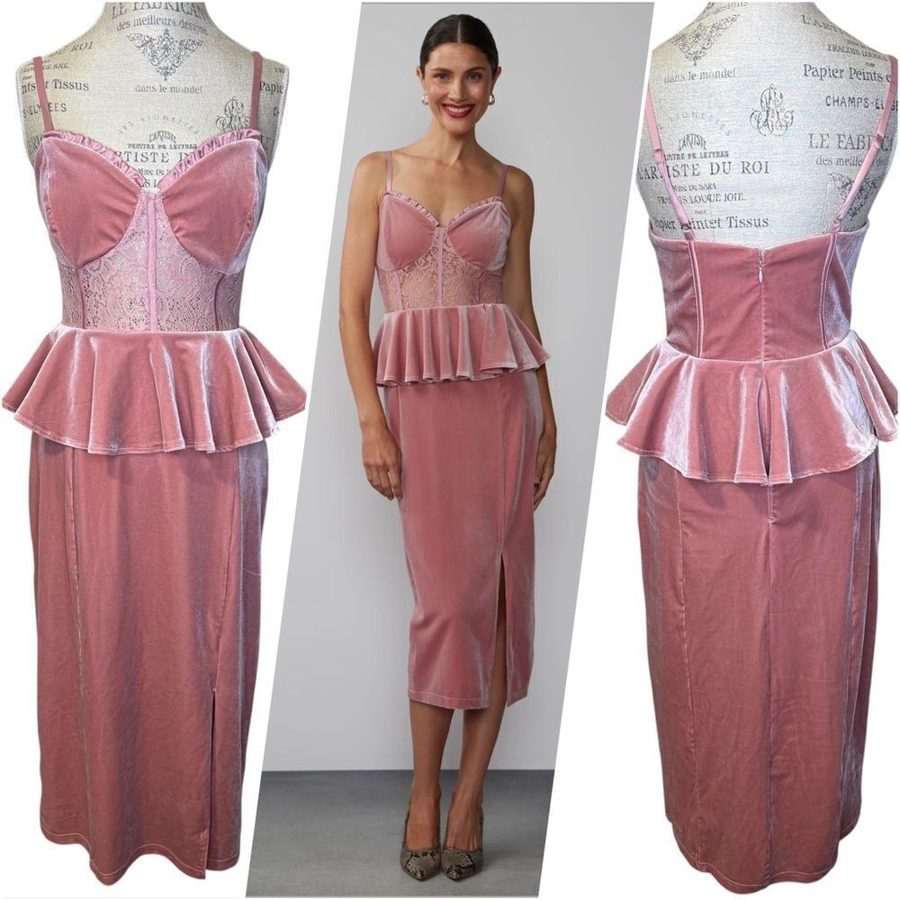 New York & Company Velvet Mauve Pink Peplum Midi Dress Ruffle Waist Small
